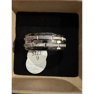 Men's Stainless‎ Steel Band Ring – Gear Edge Des, Brushed Silver Finish, Size 9